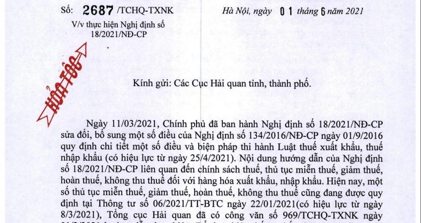 Cong Văn 2687 Tchq Txnk Ngay 01 06 21 V V Thực Hiện Nghị định Số 18 21 Nđ Cp Advantage Logistics